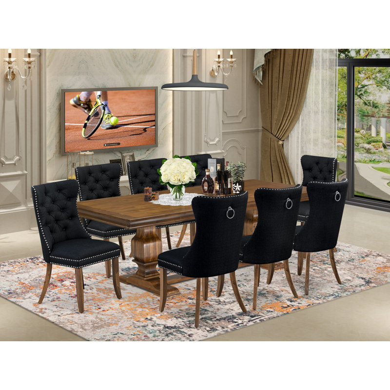 Ensemble de table de salle à manger 9 pièces comprenant une table rectangulaire et 8 chaises de salle à manger en tissu de polyester noir, noyer antique