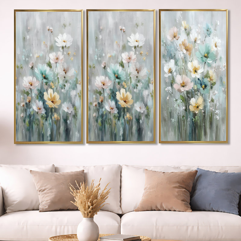 Fleurs jaunes et bleues en fleurs - Ensemble de 3 impressions sur toile encadrées, H 32 po x l 48 po, Cadre flottant doré