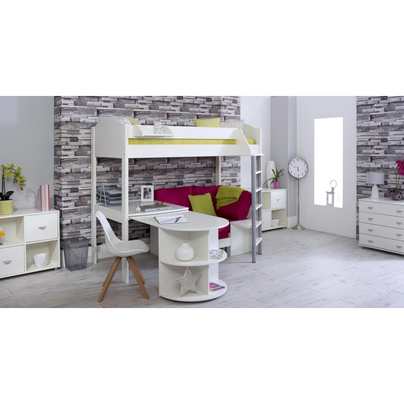 Melodie European Single (90 x 200cm) High Sleeper Loft Bed Bed with Bookcase, Pink, White