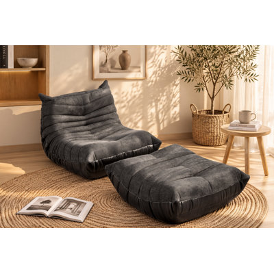 33" W Armless Bean Bag Lounge Chair with Oversized Ottoman, Chenille and Faux Leather Upholstery for Living Room