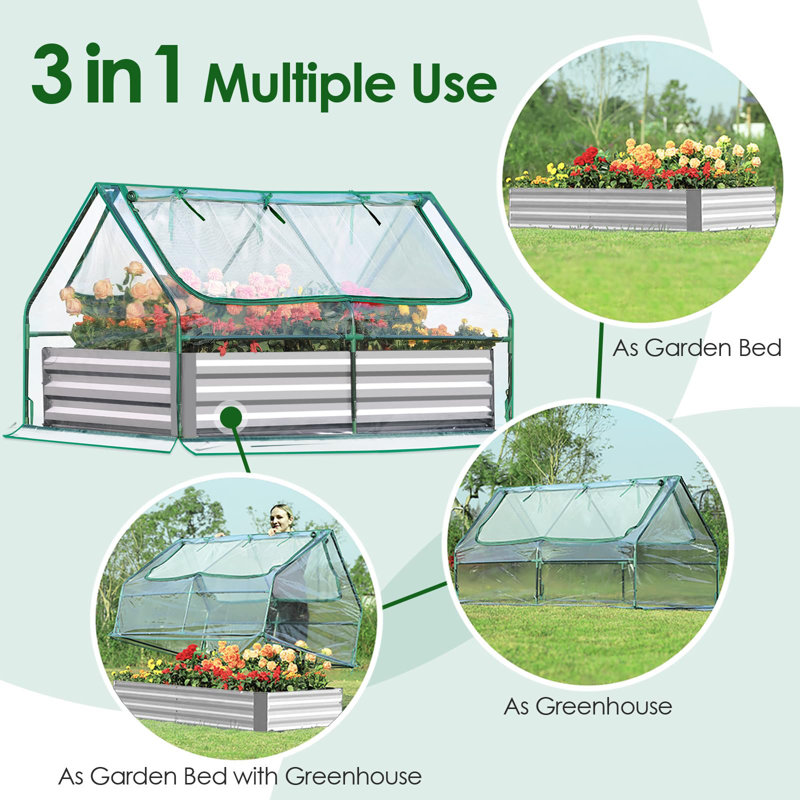 Clear Galvanized Metal Raised Garden Bed with Greenhouse Cover