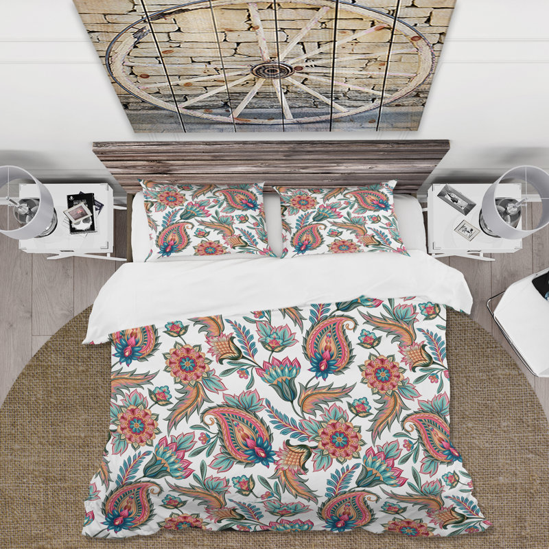 Ensemble de housse de couette bohème orange et bleu à motif cachemire - Microfibre polyester, Blanc
