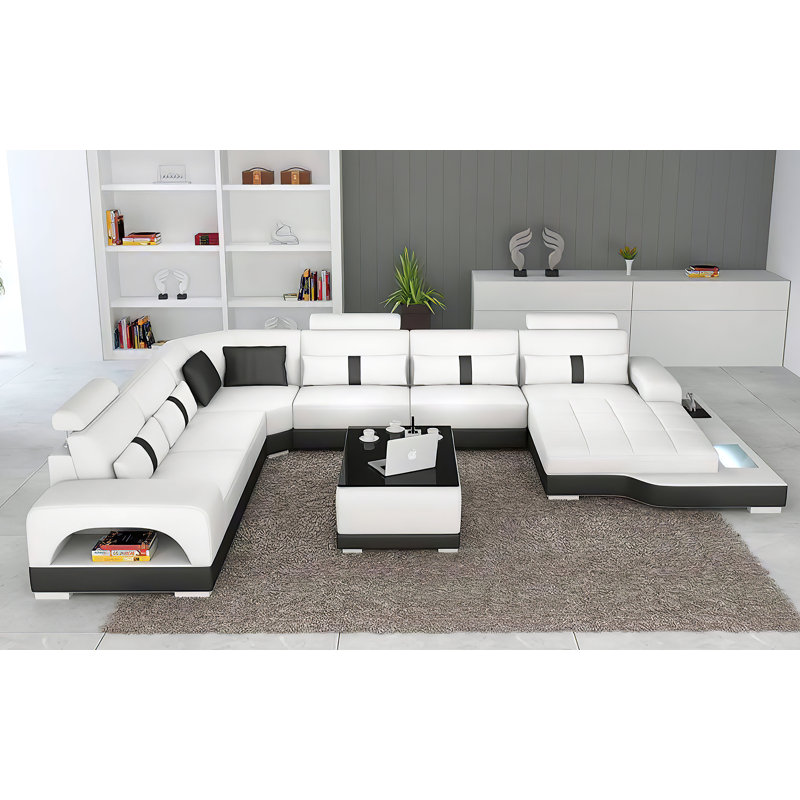 Arieta Upholstered U-Shaped Sectional, White Genuine Leather, Right Hand Facing