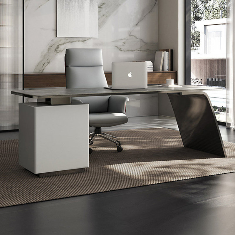 Bureau gris / blanc fritté rectangulaire + bois manufacturé + acier inoxydable avec bureau à 3 tiroirs, Retour à droite