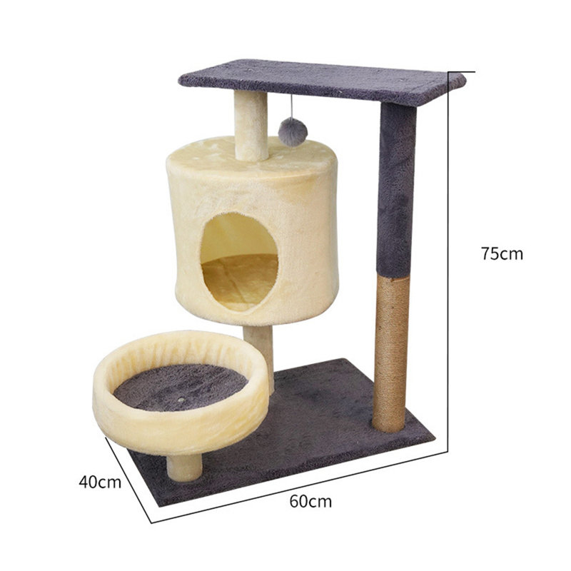 Structure d'escalade en chanvre, lit pour chat, arbre à chat, support pour chat avec lit, colonne d'escalade à plusieurs couches intégrée, plateforme de saut pour chat, gris