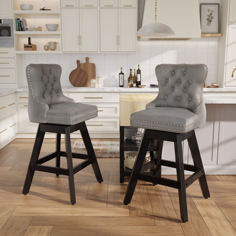 Swivel Tufted Nailhead Velvet Counter Height Bar Stools (Set of 2), Gris