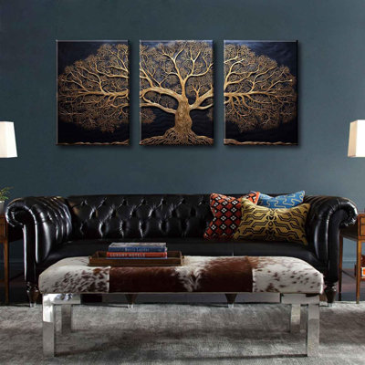 3Pcs Vintage Tree Life Canvas Wall Art Abstract Gold Tree Painting Decor Pictures Moody Modern Dark Plants Tree of Life Posters Prints for Living Room Bathroom Bedroom Decoration No Frames