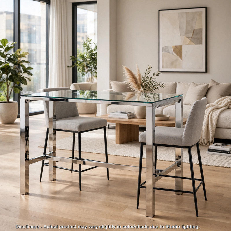 Table de pub Tommy Modern avec plateau en verre, métal chromé 47 po
