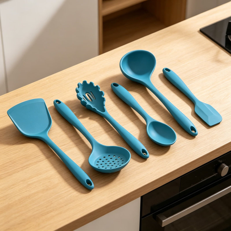 Ensemble de 6 ustensiles de cuisine en silicone, ustensiles de cuisine bleu marine pour batterie de cuisine antiadhésive, silicone de qualité alimentaire, va au lave-vaisselle, ensemble de gadgets de cuisine résistants à la chaleur