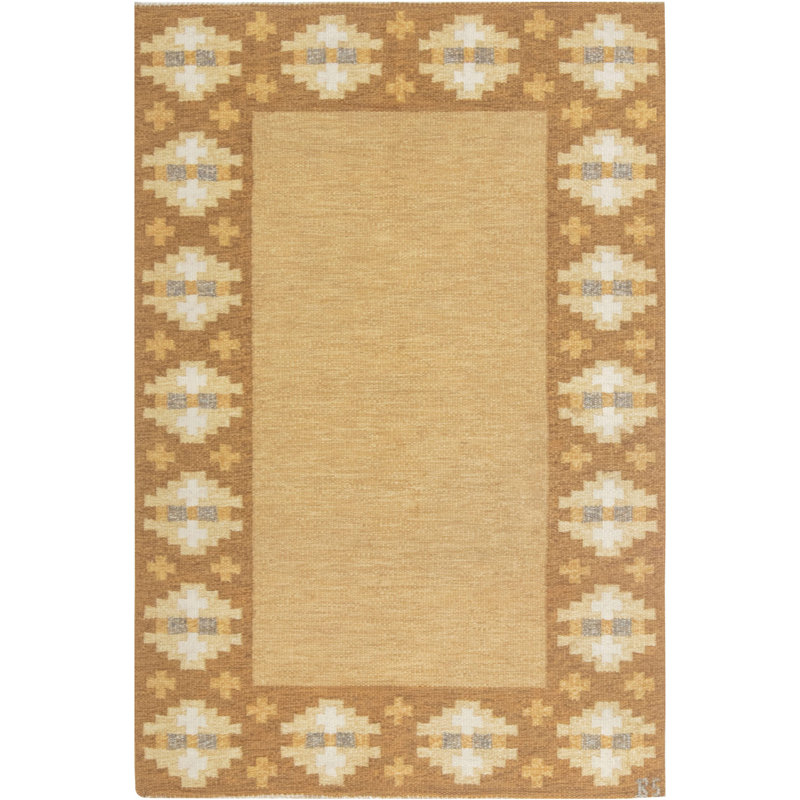 Tapis vintage jaune / beige à tissage plat Mid-20Th Century par Birgitta Solderkvist 4 pi 4 po x 6 pi 6 po Vintage