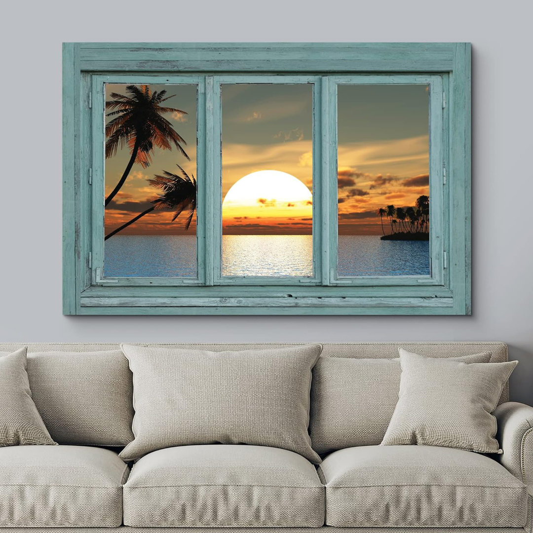 Window Scene " Window View Of Tropical Ocean Sunset Horizon Nature Pictures Modern Art Rustic Scenic Ultra " IDEA4WALL Overall 