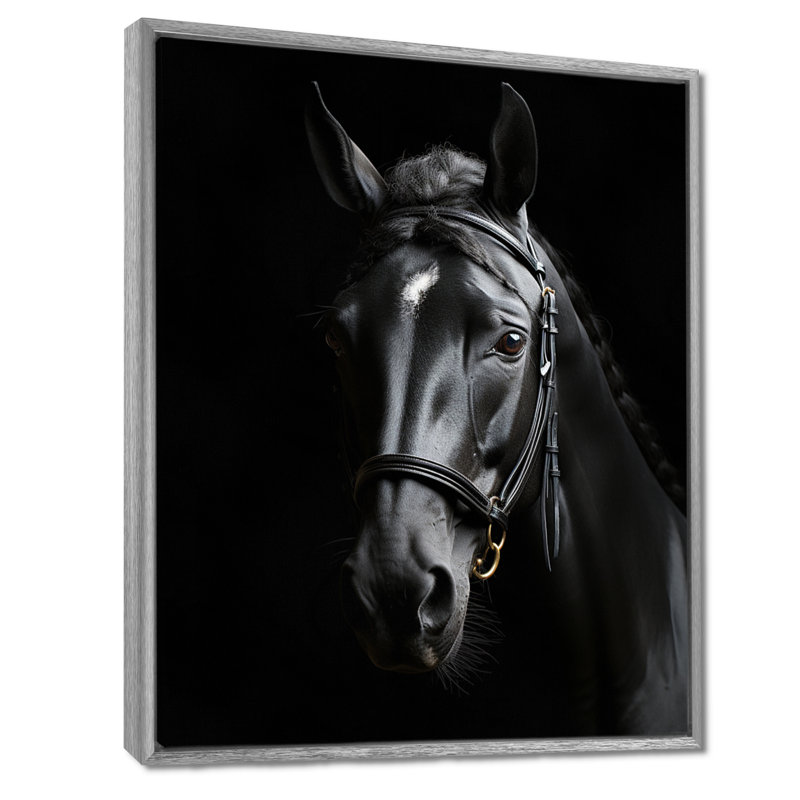 Latifat noir et blanc, cheval, élégance - art sur toile, H 44 po x l 34 po x P 1,5 po, Encadrement argenté