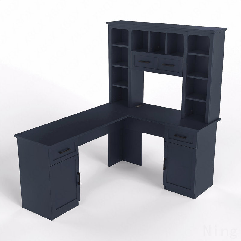 L-Shaped Computer Desk With 2 Cabinets And 2 Drawers, 11 Open Shelves And 1 Right Flip Shelf With Storage, With Power Outlet, For Study, Living Room And Office