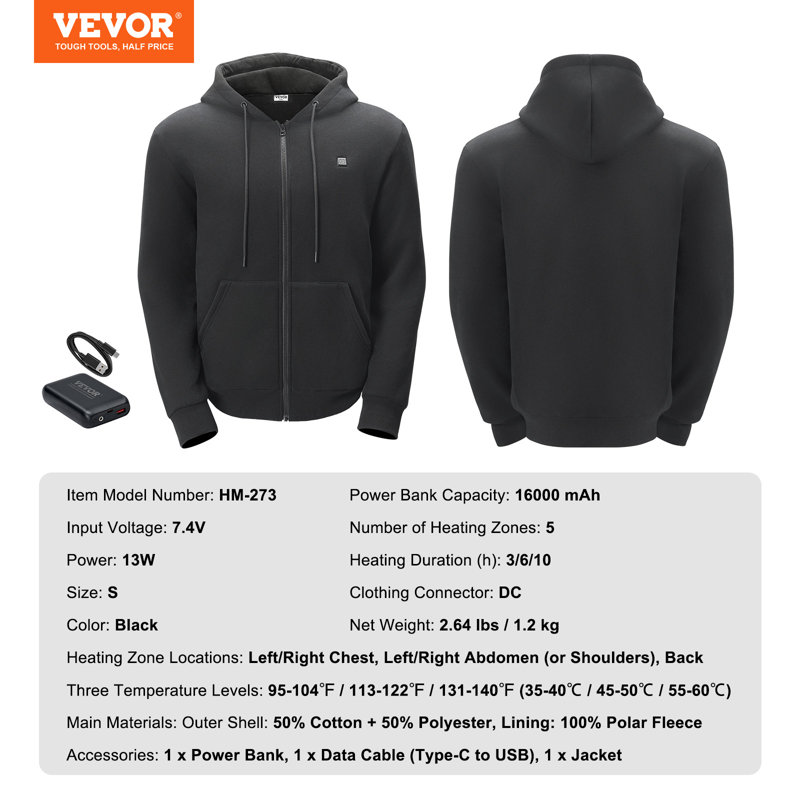 Sweat à capuche chauffant unisexe avec pile pour homme et femme - noir, S
