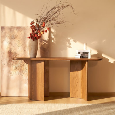 Arden 63" Brown Oak Console Table with Panel Legs, Modern Entryway and Sofa Table