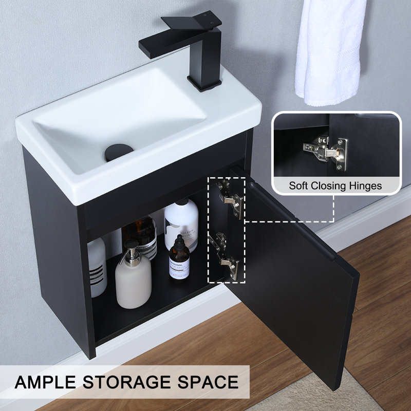 16'' Mini Wall-Mounted Single Bathroom Vanity With Ceramic Top, Black