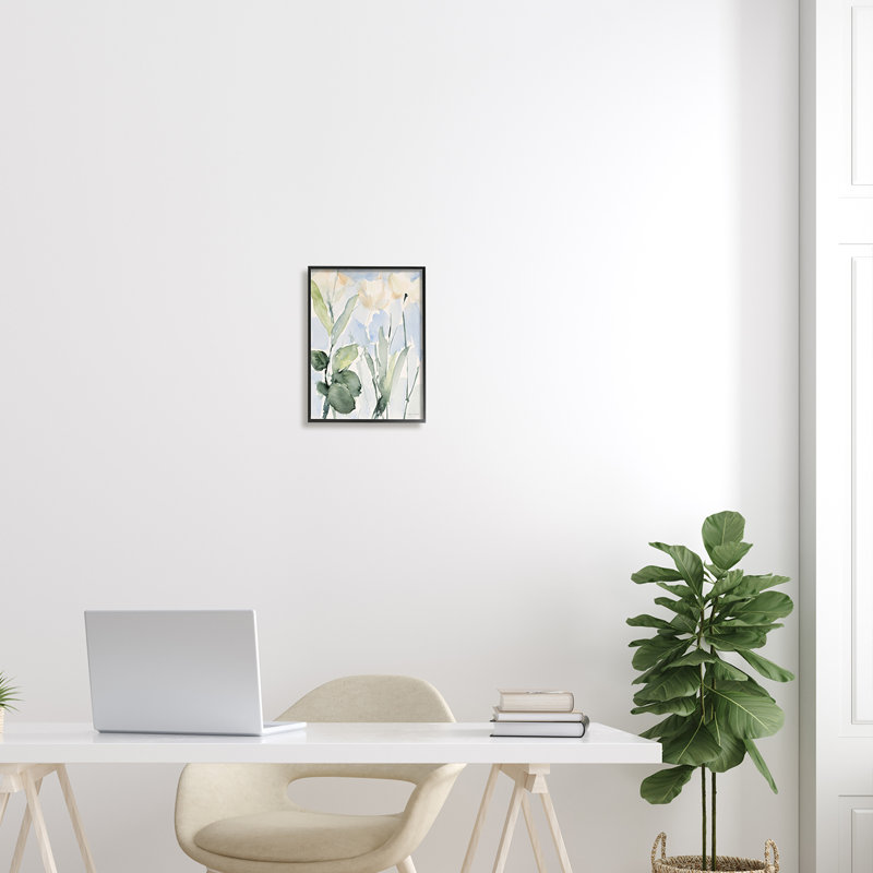 Abstrait fleurs blanches et feuilles, Giclée encadrée noir minuit, H 14 po x l 11 po x P 1,5 po