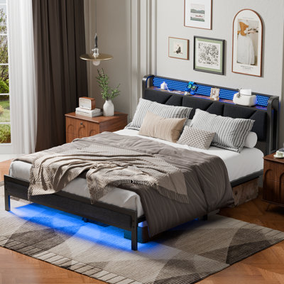 Platform Bed Frame with Storage, RGB LED Lights and Charging Station,Bed with Upholstered Headboard