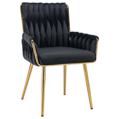 Velvet Desk Chair No Wheels, Modern Woven Armchair with Gold Metal Legs & Armrest, Cute Vanity Makeup Chair for Teen Girls, Living Room, Black