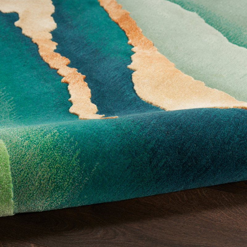 Tapis vert / bleu en viscose touffeté à la main Abstract, Rectangle 2 pi x 3 pi