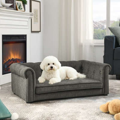 Lit rectangulaire élégant pour chiens moyens et grands, canapé-lit surélevé et résistant, confortable et moderne, gris foncé.