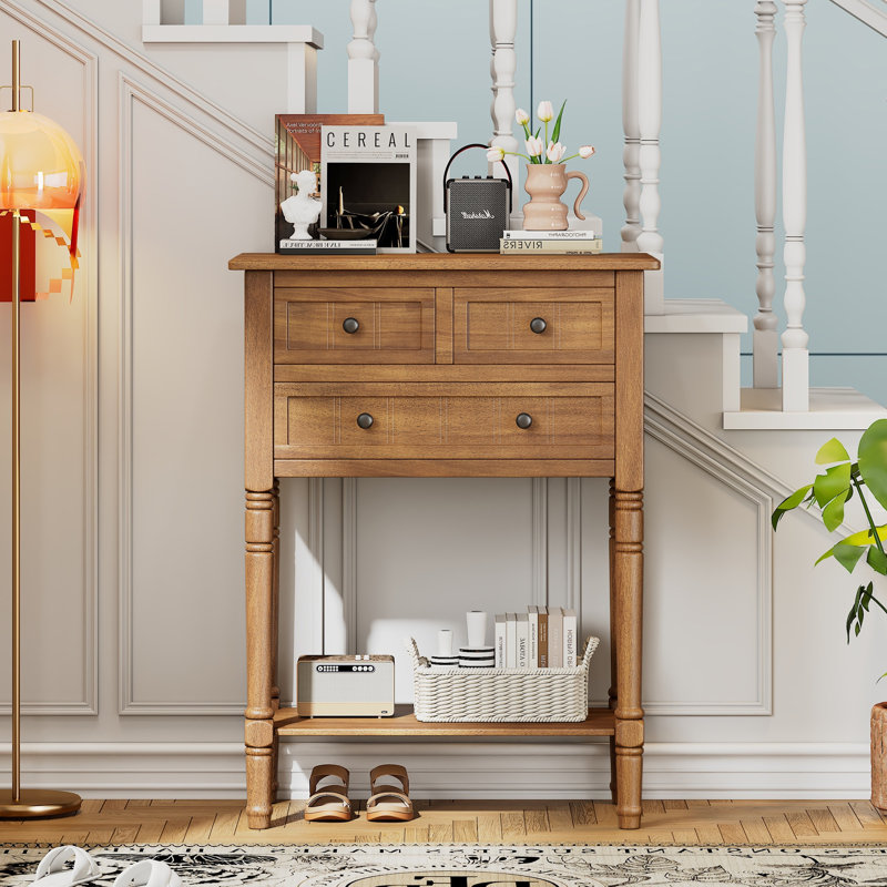 Narrow Console Table, Slim Sofa Table With Three Storage Drawers And Bottom Shelf, Natural