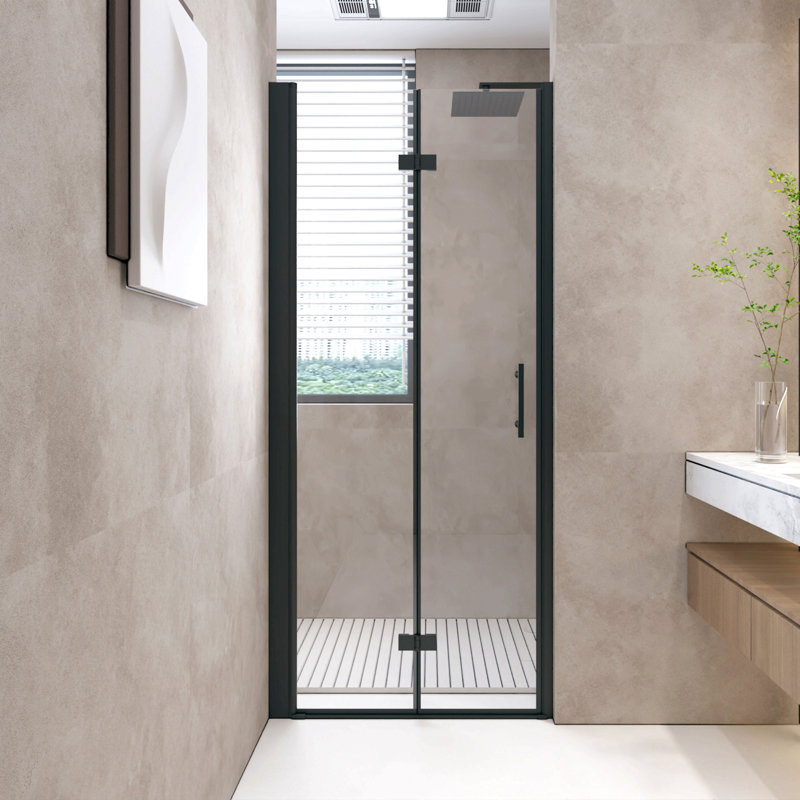 Porte de douche pliante, verre trempé de 1/4 po (6 mm), cadre en aluminium noir mat, film antidéflagrant