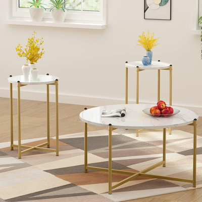 Ensemble de 3 tables basses de salon, table basse ronde avec 2 tables d'appoint et ensemble de 3 pièces de salon avec grand rangement pour appartement