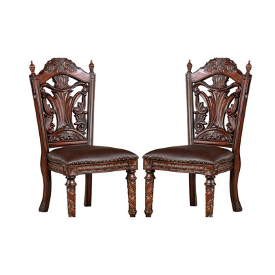 Luxury Brown Dining Chairs, Traditional Design, Solid Wood Frame, Dark Seats, Faux Carvings And Twisted Rope Legs 2Pcs Wood, Details Wooden Intricate Back In Cherry