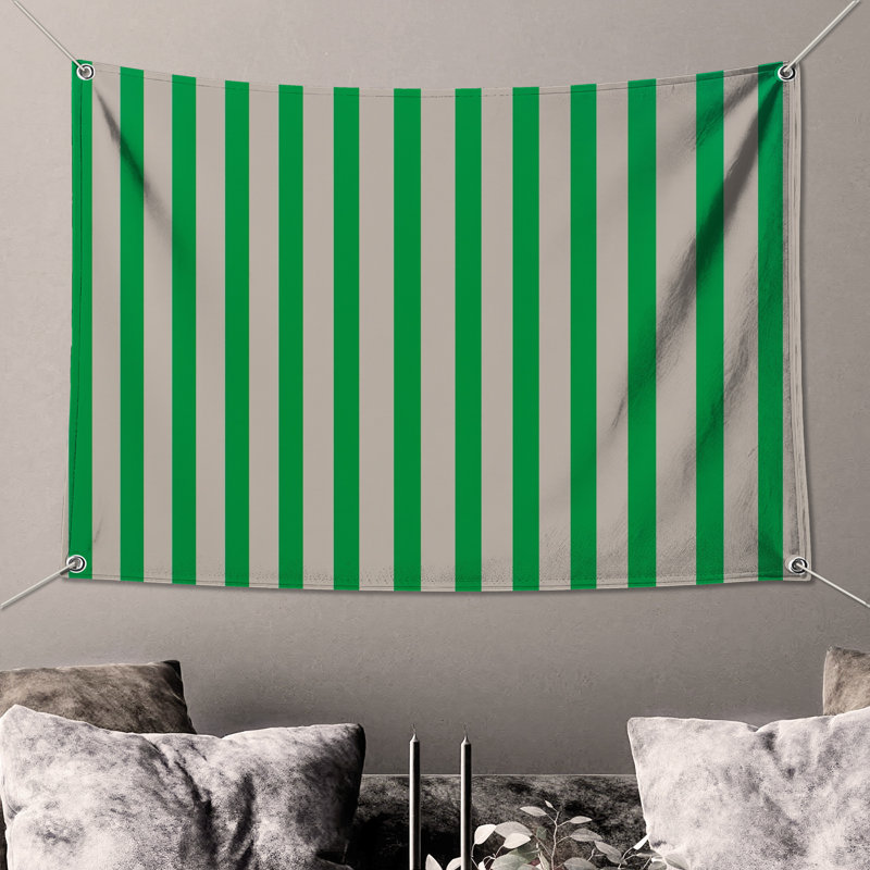 Tapisserie murale à rayures verticales vert et blanc - Décoration murale à rayures, H 50 po x l 60 po avec 4 œillets