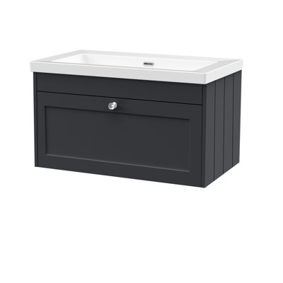 Old London Ashwick Satin Soft Black 800mm  Wall Hung 1-Drawer Unit with Basin 0 TH