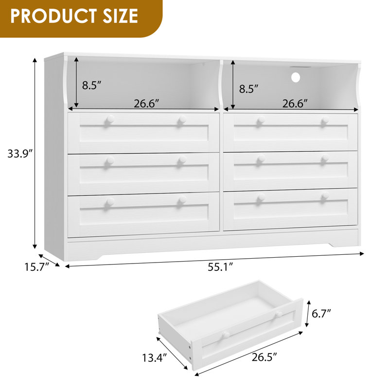 Modern 6-Drawer Dresser with LED Lights and Power Outlet – Wooden Storage, TV Stand for Bedroom, White