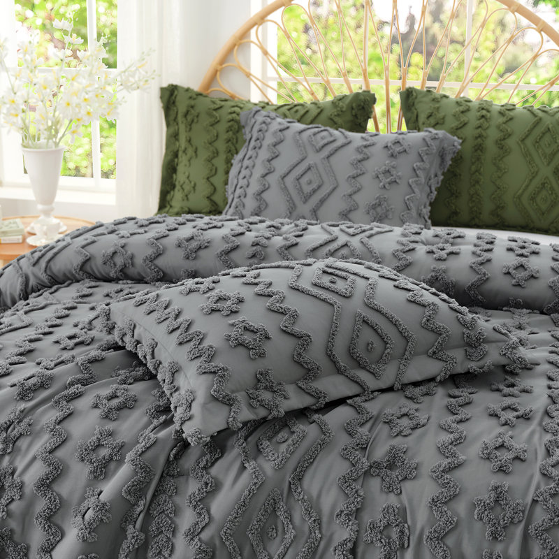 Ensemble d'édredon léger texturé Boho, Gris, Édredon simple + 1 taie d'oreiller standard