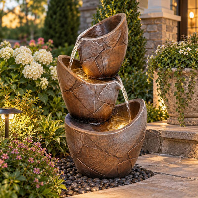 20" 3-Tier Outdoor Water Fountain with Warm LED Lights, Resin Waterfall Tiered Floor Fountain for Home Decor, Garden, Patio, Yard, and Porch