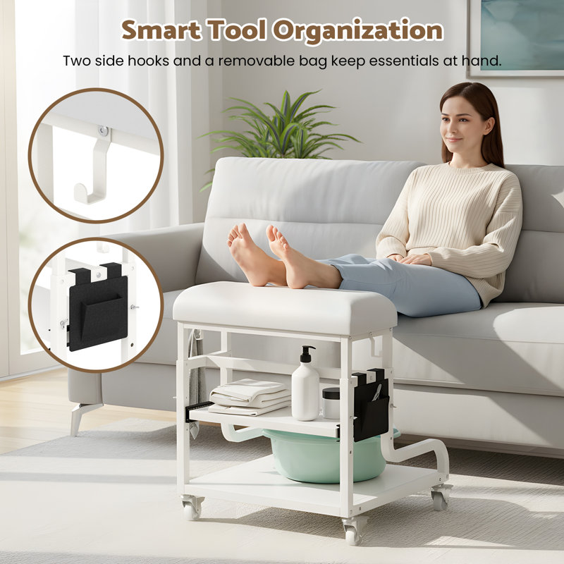 Pedicure Foot Rest with 3-Level Height,Pedicure Foot Bath Trolley w/Wheels | PU Cushion Manicure Foot Rest Stand,Pedicure Foot Stool,for Beauty Salon,Nail Tech Foot Bath Spa,Massage Station (White)