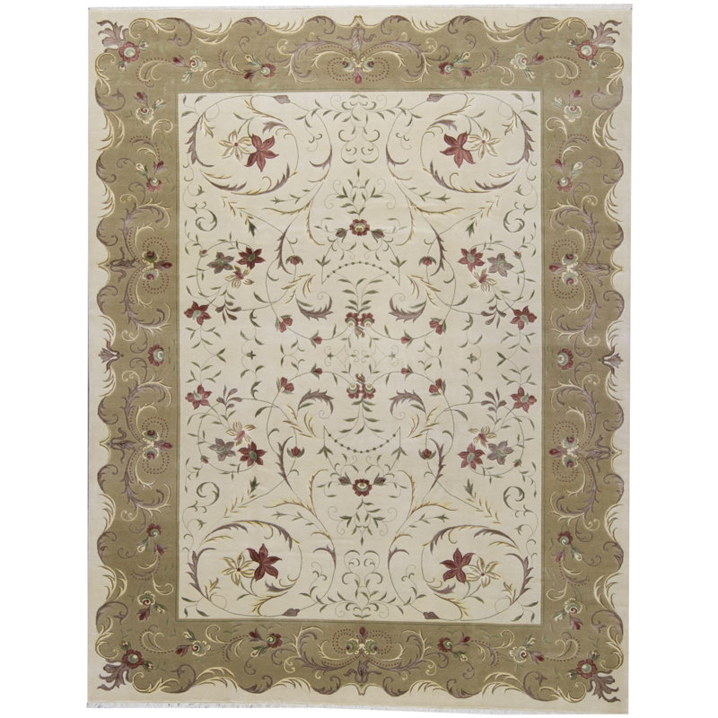 Tapis ivoire et doré de haute qualité noué à la main