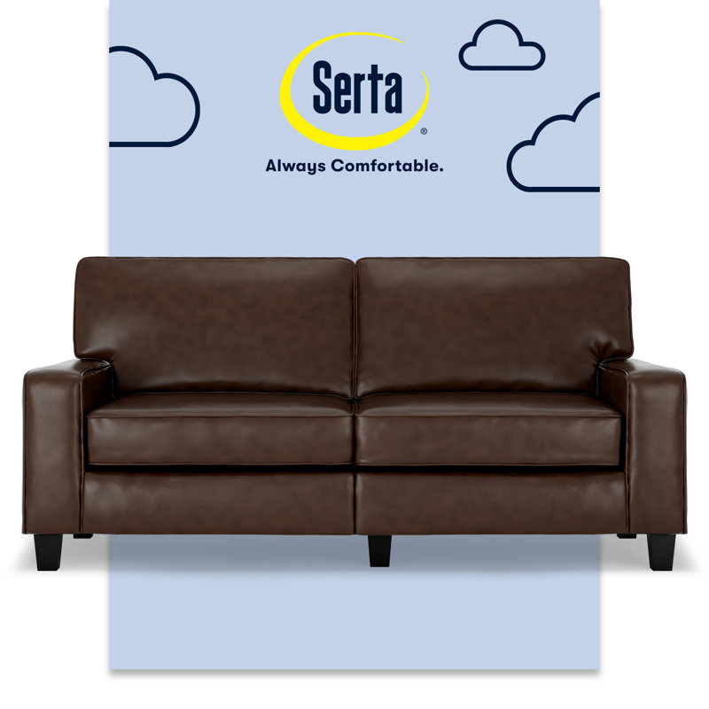 Serta Palisades Track Arm Sofa, Easy Care Fabric, Soft Pillow Back, Pocket Coil Seat Cushions, Bonded Leather Brown, 73"