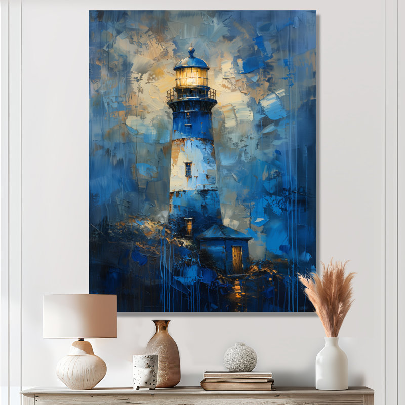 Tempête bleue tour de phare I - impression d'art mural phares, Toile tendue, H 16 po x l 32 po