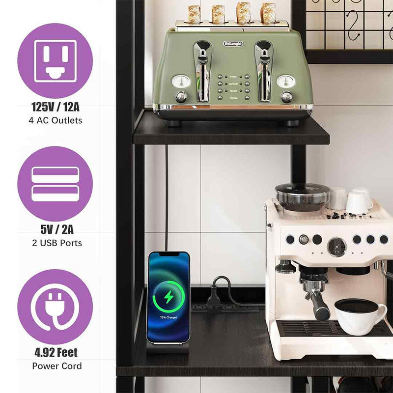 55" Bakers Rack With Power Outlet And LED Light, 5-Tier