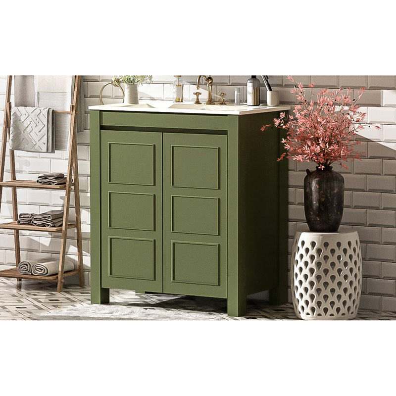 Meuble-lavabo de 30 po avec rangement olive, lavabo en céramique, trou de trop-plein et mécanisme de fermeture en douceur en bois massif 30 po, fonction