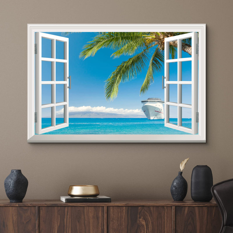 "Fenêtre vue de la plage tropicale", H 12 po x l 18 po