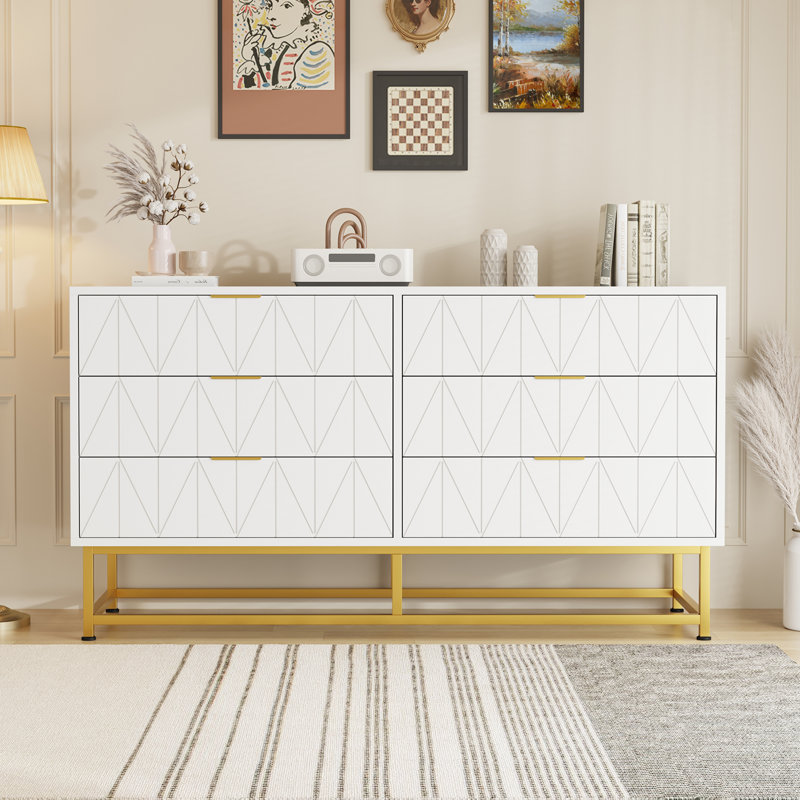 6 Drawer Dresser With Gold Metal Handles ,modern Large Dresser Storage Cabine, White