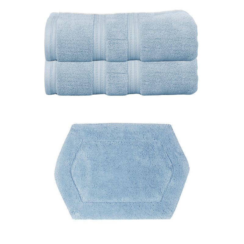 Bryd Collection 100% Soft Cotton 2 Pc Bath Towel Set & 1 Pc 17x24" Bath Rug, (Set of 3), Black, Blue