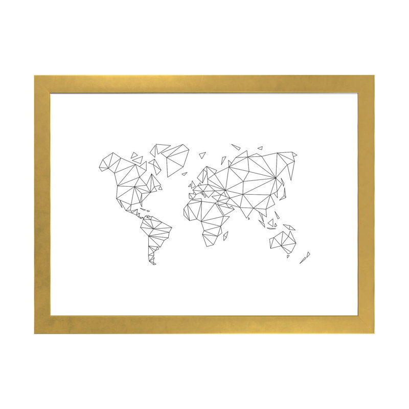 Carte du monde géométrique - impression d'art graphique, H 16 po x l 24 po x P 1 po, Papier encadré doré