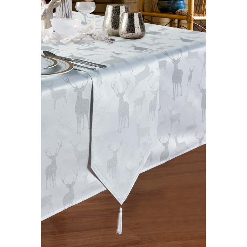 LARGE STAG Abeyta Table Runner, White/Silver