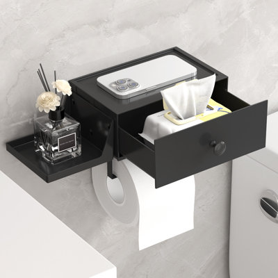 Porte-papier hygiénique avec tablette et tiroir, rangement mural pour rouleau de papier à visser ou adhésif, organisateur de distributeur de serviettes de salle de bain anti-poussière et jetable, noir, paquet de 1