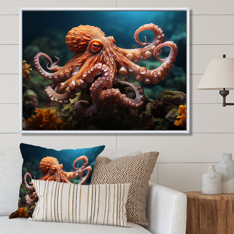 Corail Octopus Serene submersion II - pieuvre, art mural, Cadre flottant blanc, H 30 po x l 40 po x P 1,5 po
