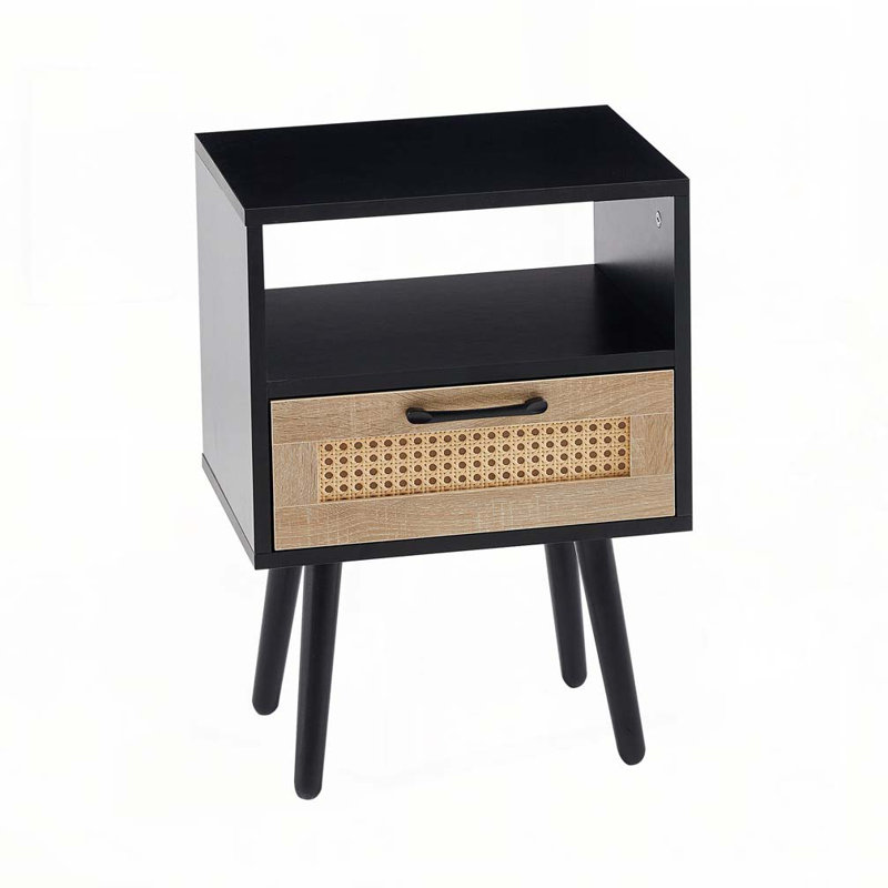Rattan End table with drawer, Black