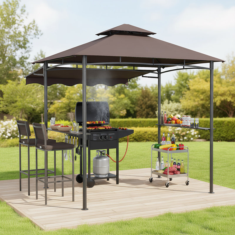 8 Ft. W x 5 Ft. D Steel Grill with Collapsible Awning, Brown