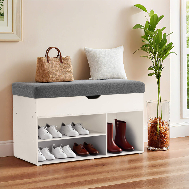 7 Pair Shoe Storage Bench with Cushion, 37" Width Entryway Shoe Bench with Hidden Storage, White